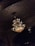 A luxurious chandelier with intricate gold detailing hangs from a ceiling adorned with elaborate, dark-patterned designs. The chandelier emits a warm, glowing light, illuminating the ornate ceiling structure.