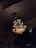 A luxurious chandelier with intricate gold detailing hangs from a ceiling adorned with elaborate, dark-patterned designs. The chandelier emits a warm, glowing light, illuminating the ornate ceiling structure.