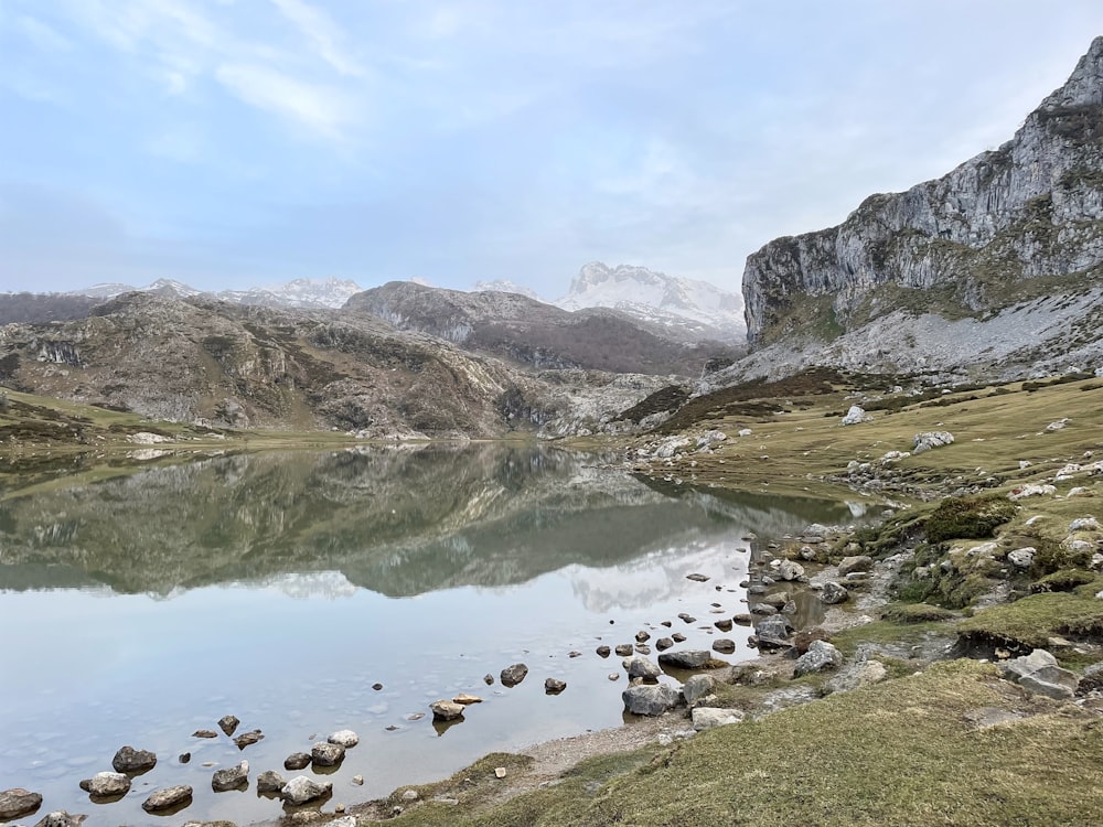 a lake surrounded by mountains