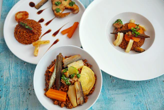 a group of plates with food on it
