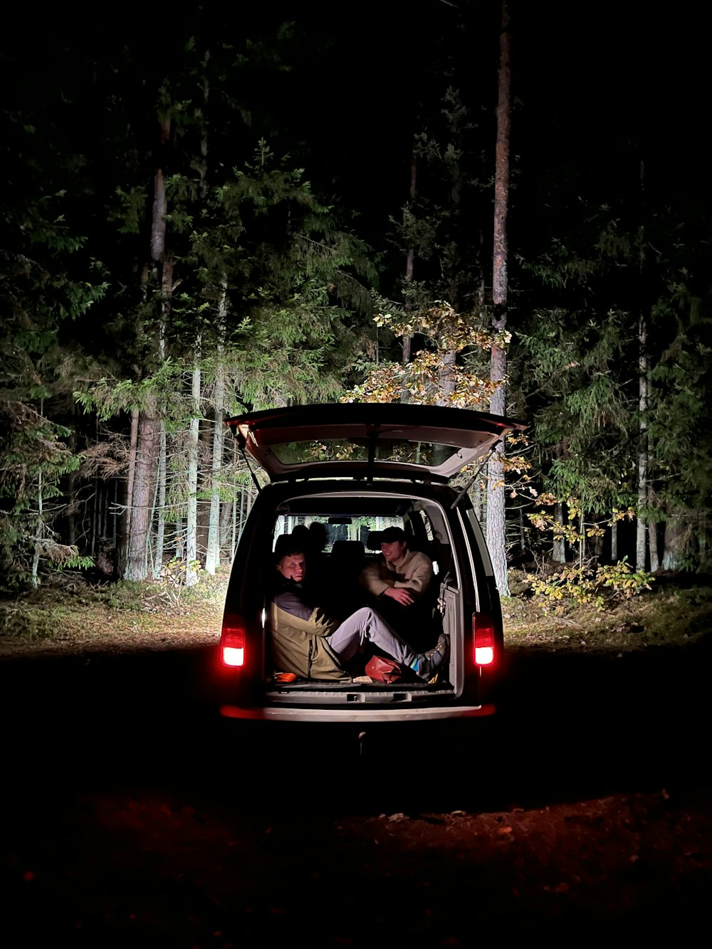 a couple of people in a car with a large trunk in the woods
