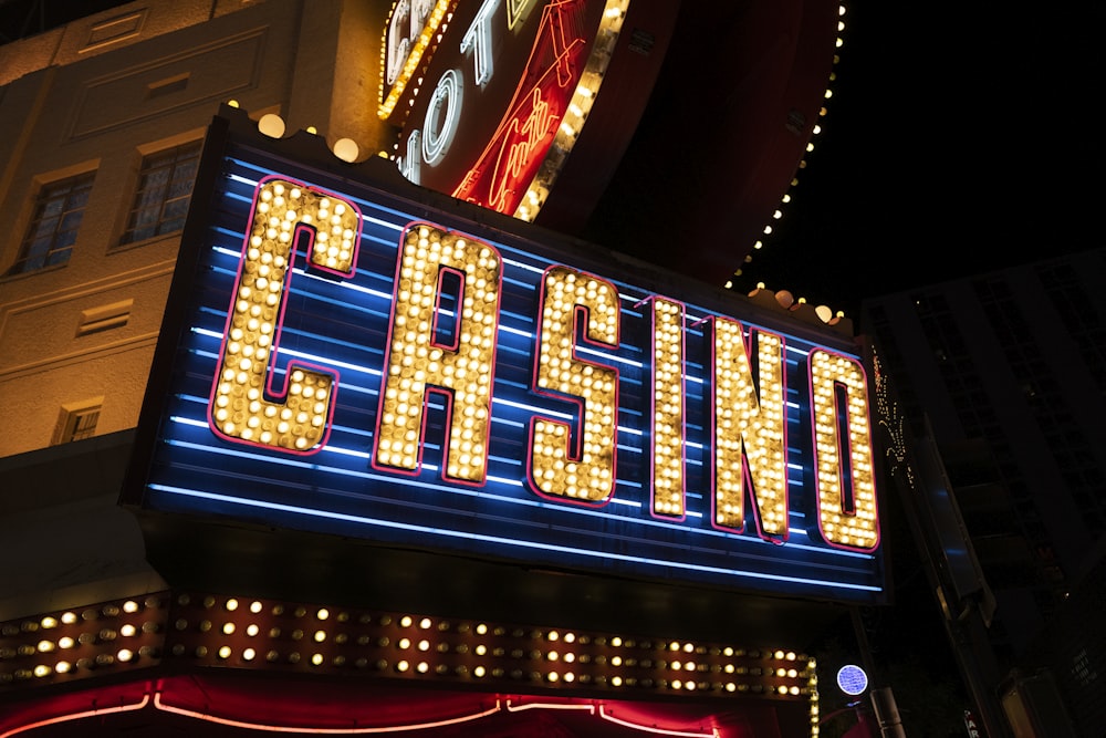 a building with neon signs