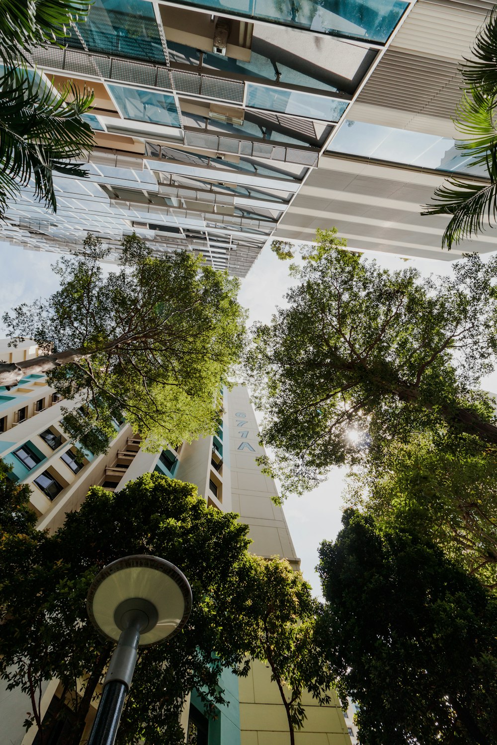 a building with trees in the front