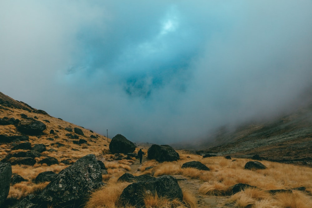 a rocky landscape with a cloudy sky