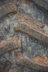 Close-up of a rugged agricultural tire on a tractor in a muddy field