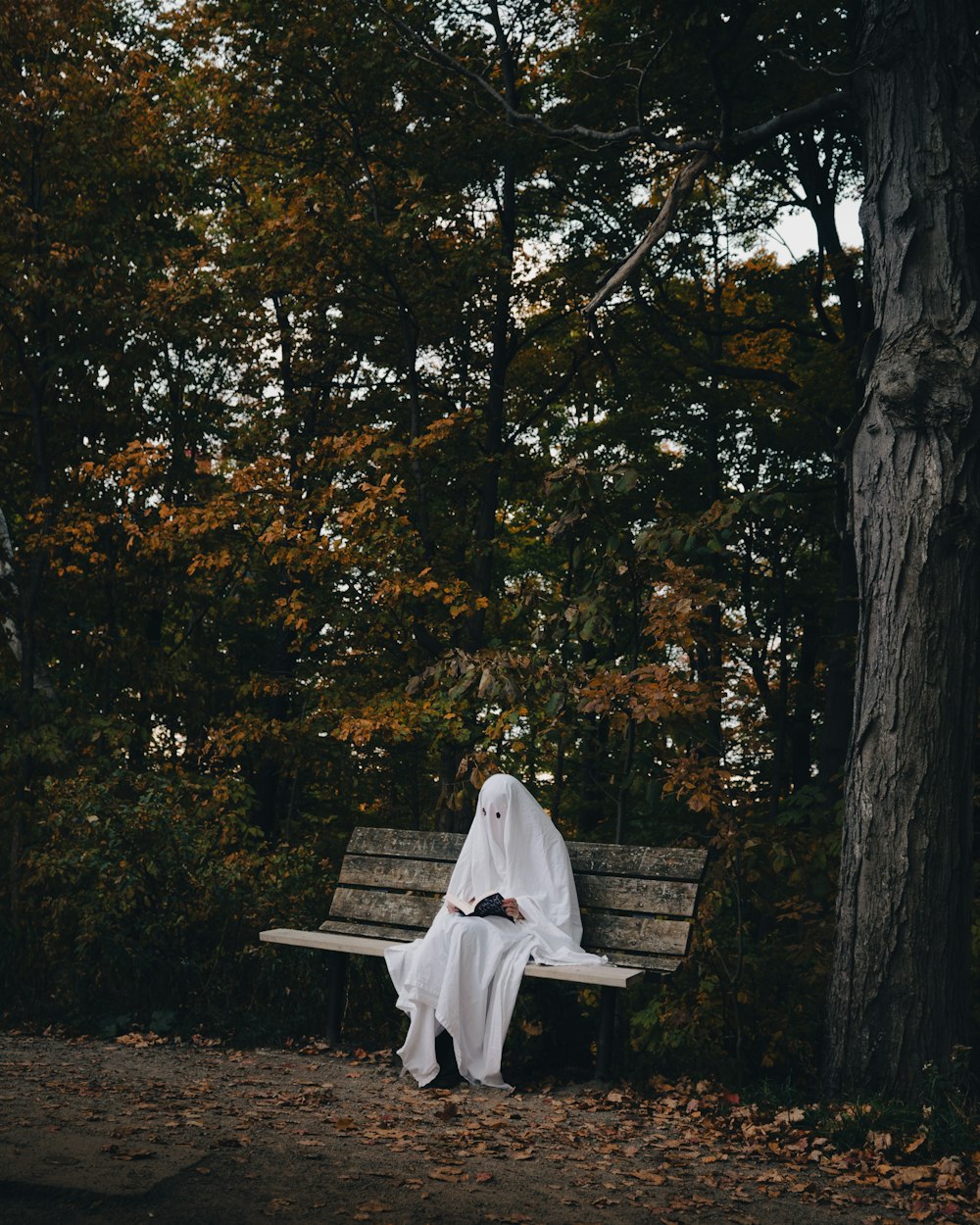 a person in a white dress sitting on a bench in a park