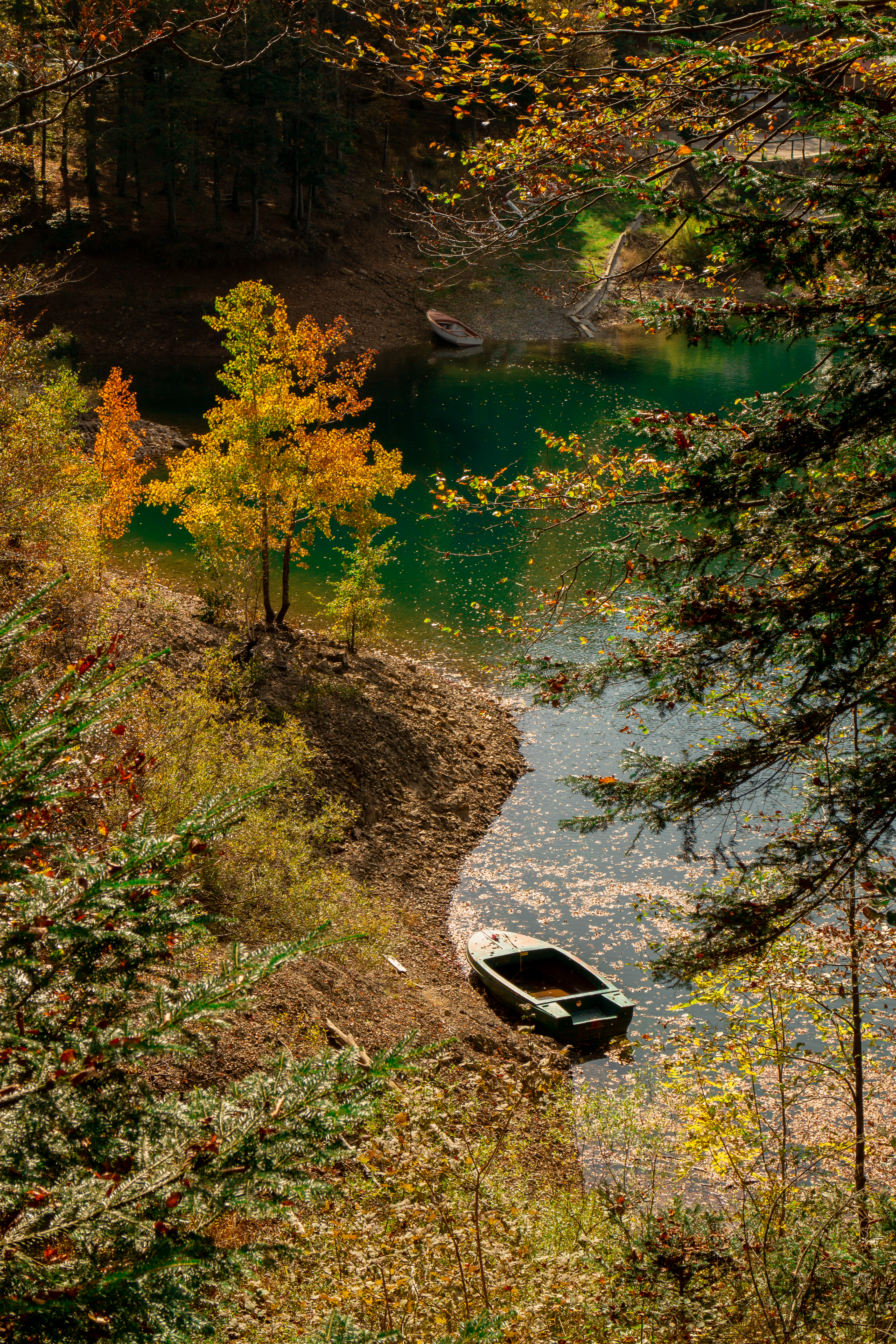 a small boat sitting on the shore of a lake