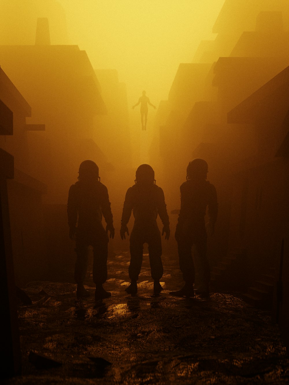 a group of people standing in a foggy area