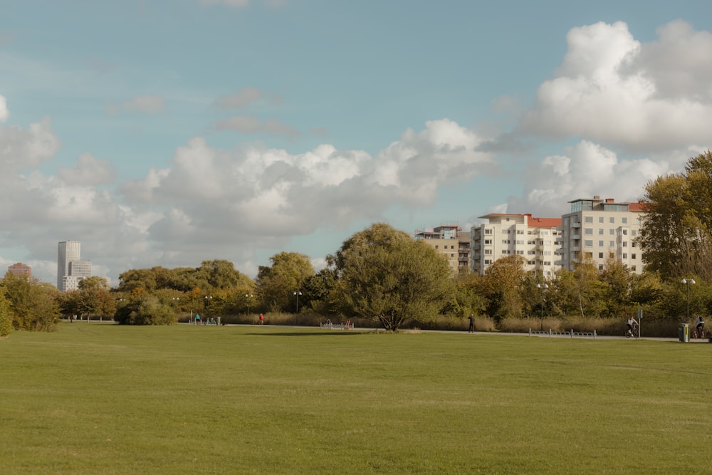 a large green field with trees and buildings in the background