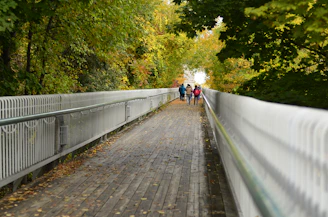 a group of people walking on a bridge