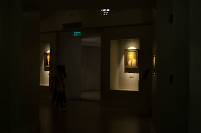 A dimly lit gallery interior features framed portraits on the walls, with soft light highlighting the artwork. Two paintings are displayed within recessed, illuminated niches. A pair of people is seen walking through the shadowed area of the gallery.