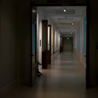 Peaceful hallway lined with calming artwork leading to treatment rooms.