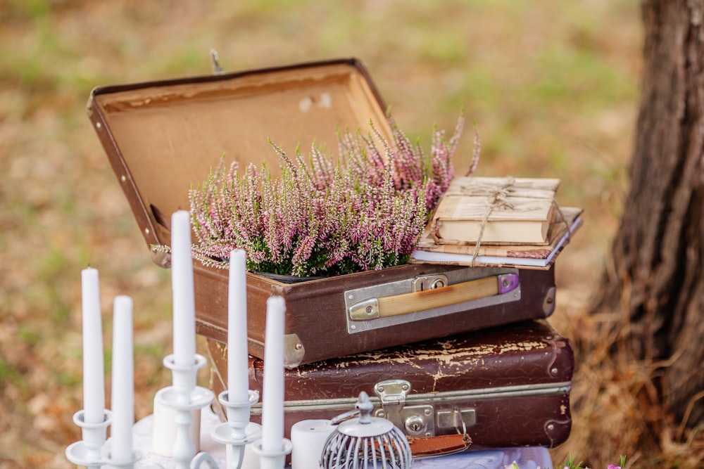 a suitcase with flowers in it