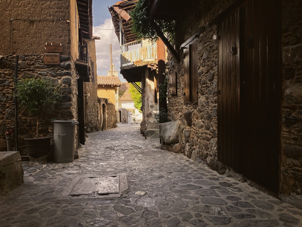 a cobblestone street between buildings