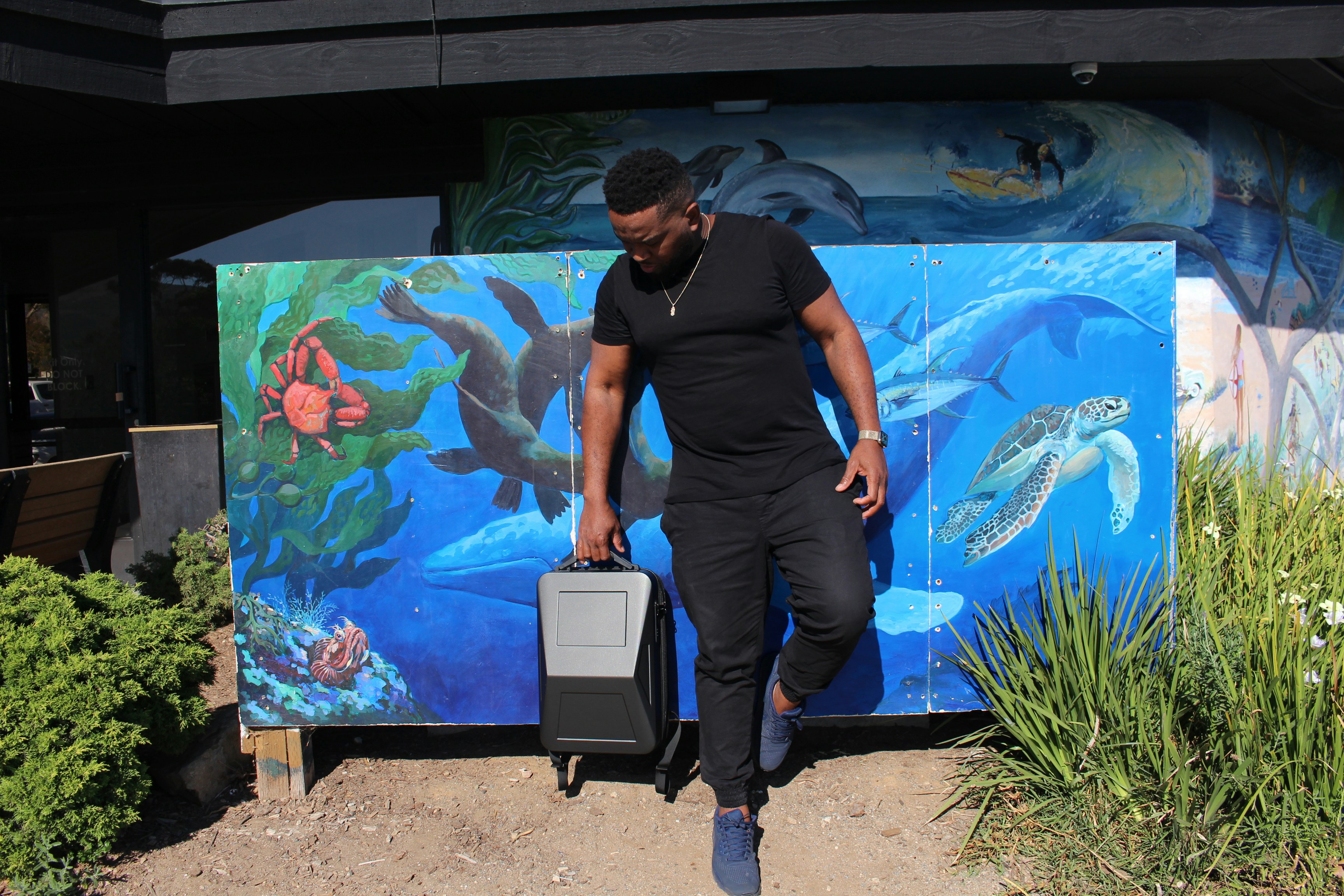 a man with a suitcase walking by a wall with art