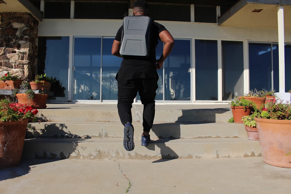 a man walking outside a building