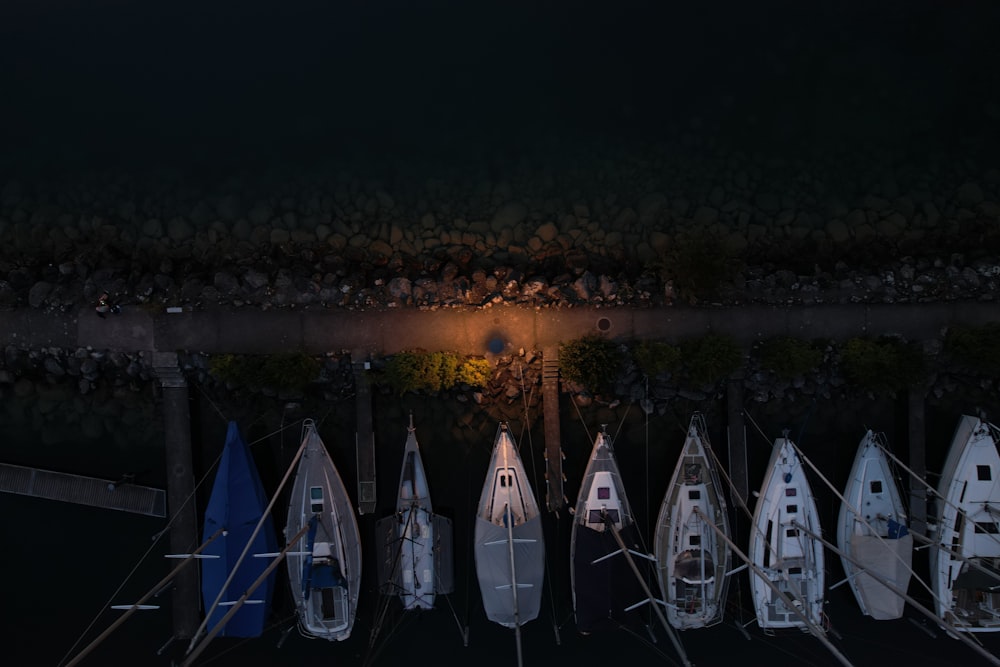 a group of white and blue objects in front of a body of water