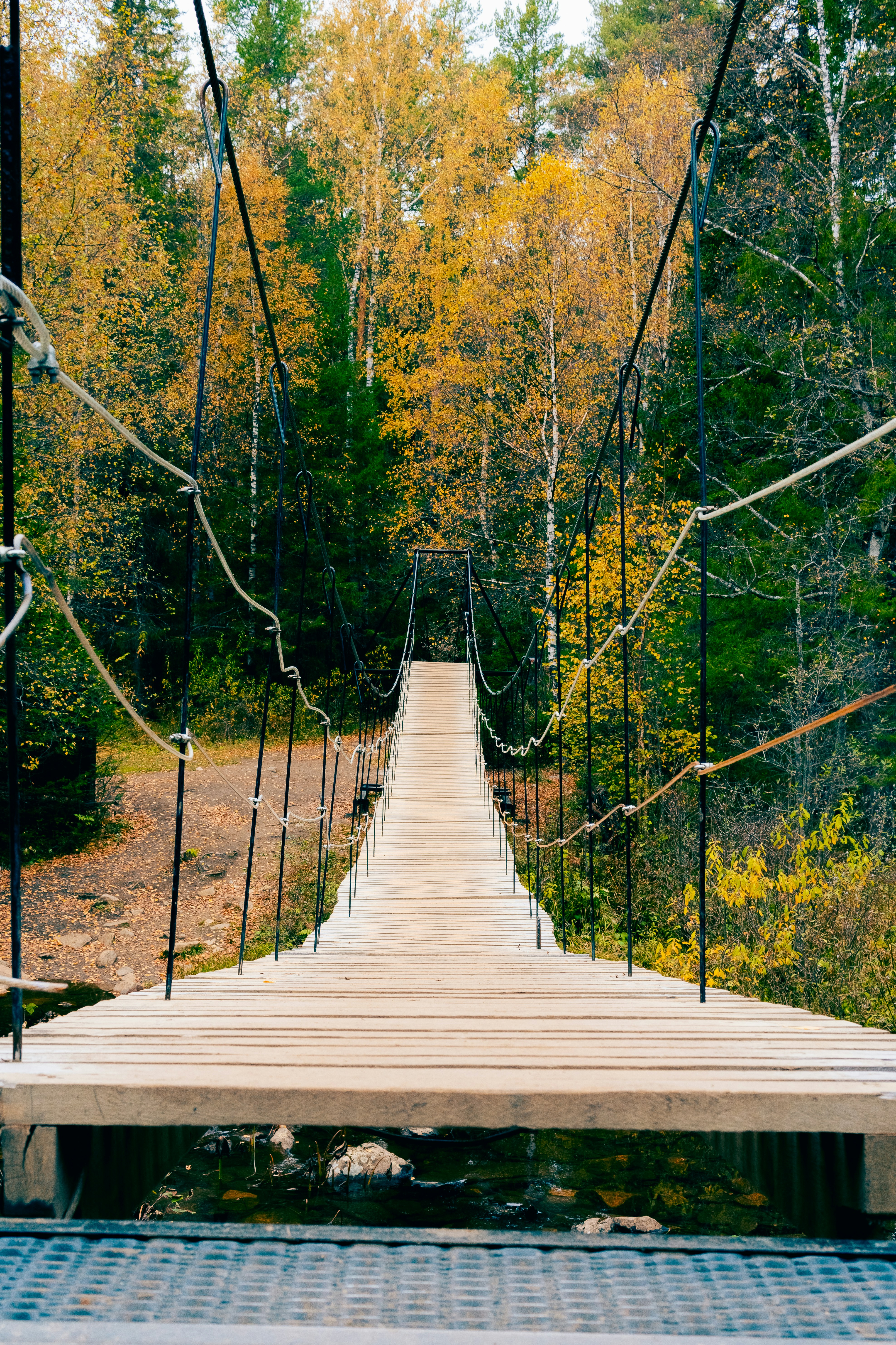 a wooden bridge over a river