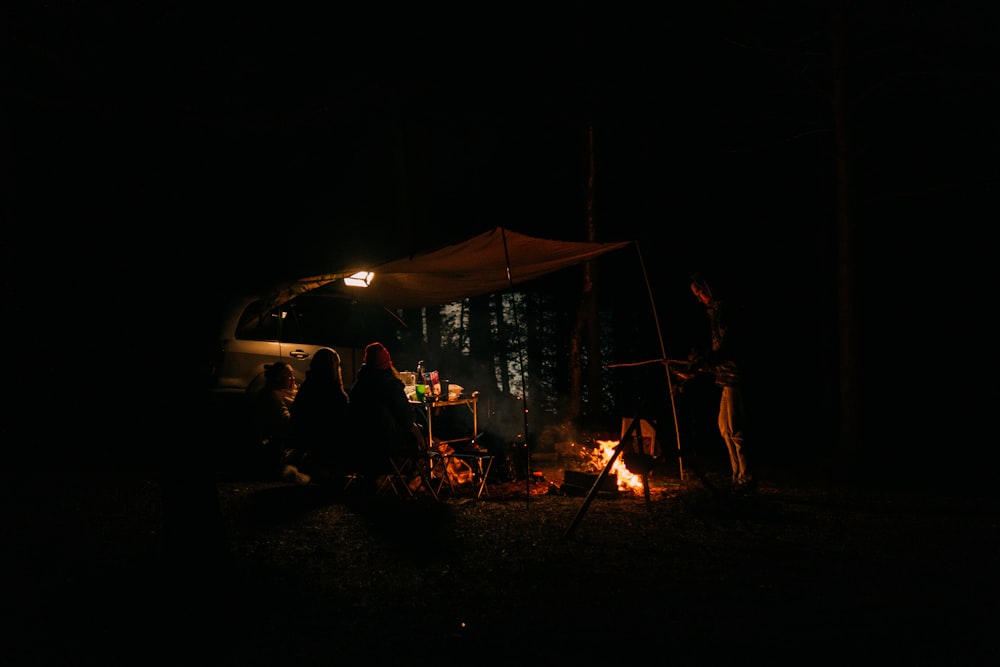 a group of people around a campfire at night