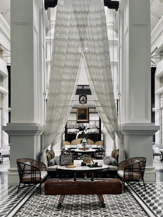 a room with a table and chairs