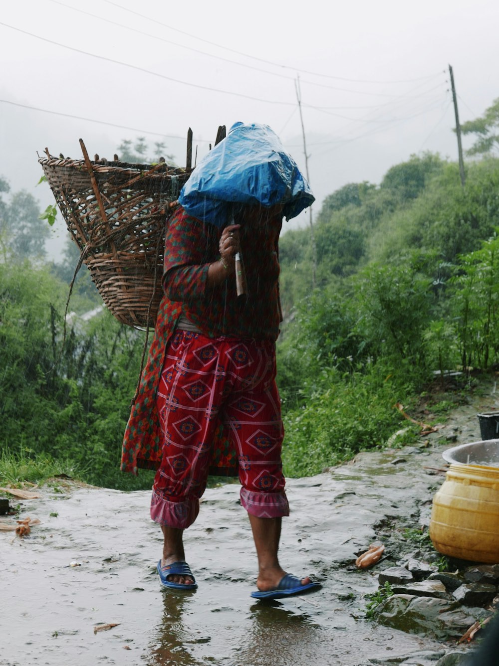 a man carrying a basket on his head