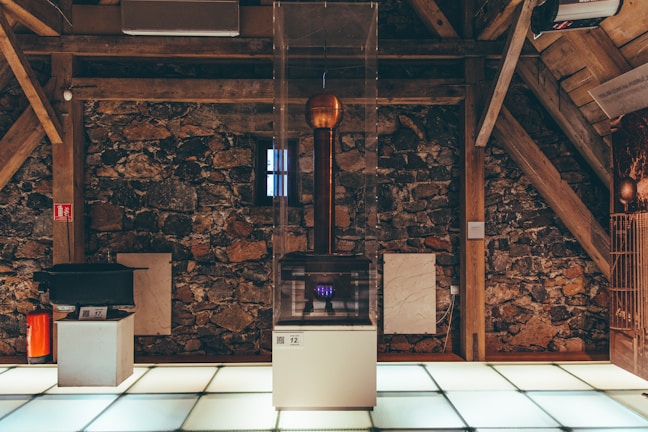 a kitchen with a brick wall
