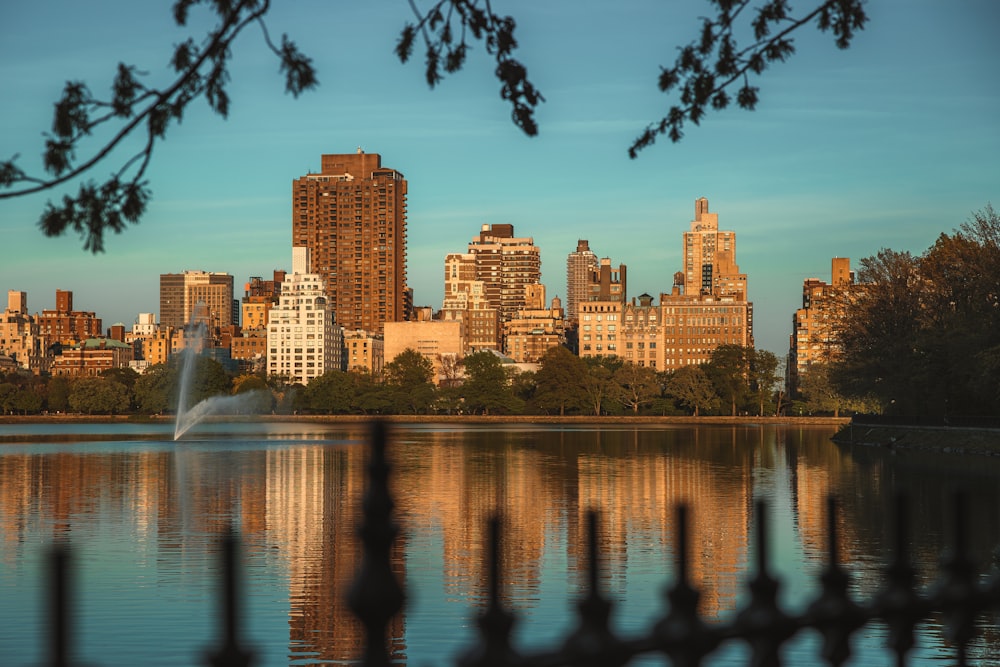 a city skyline with a fountain in the foreground