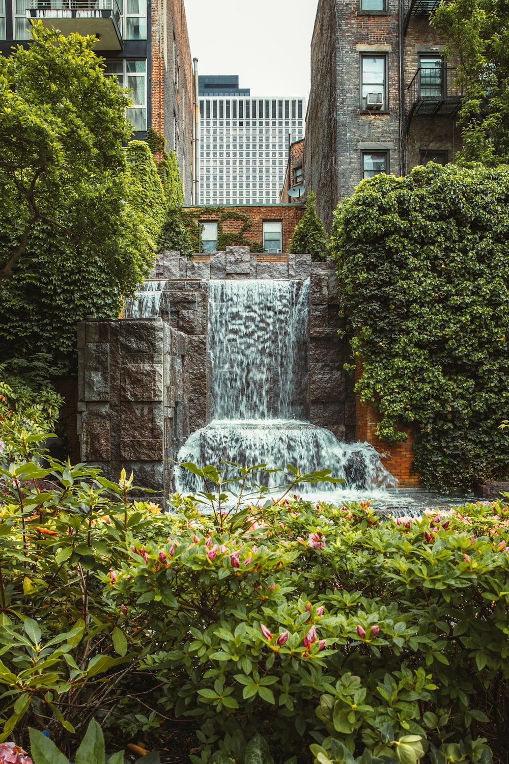 a water fountain in a garden