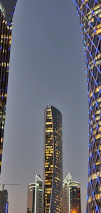 Night skyline of Ankara with illuminated ultra-modern buildings.