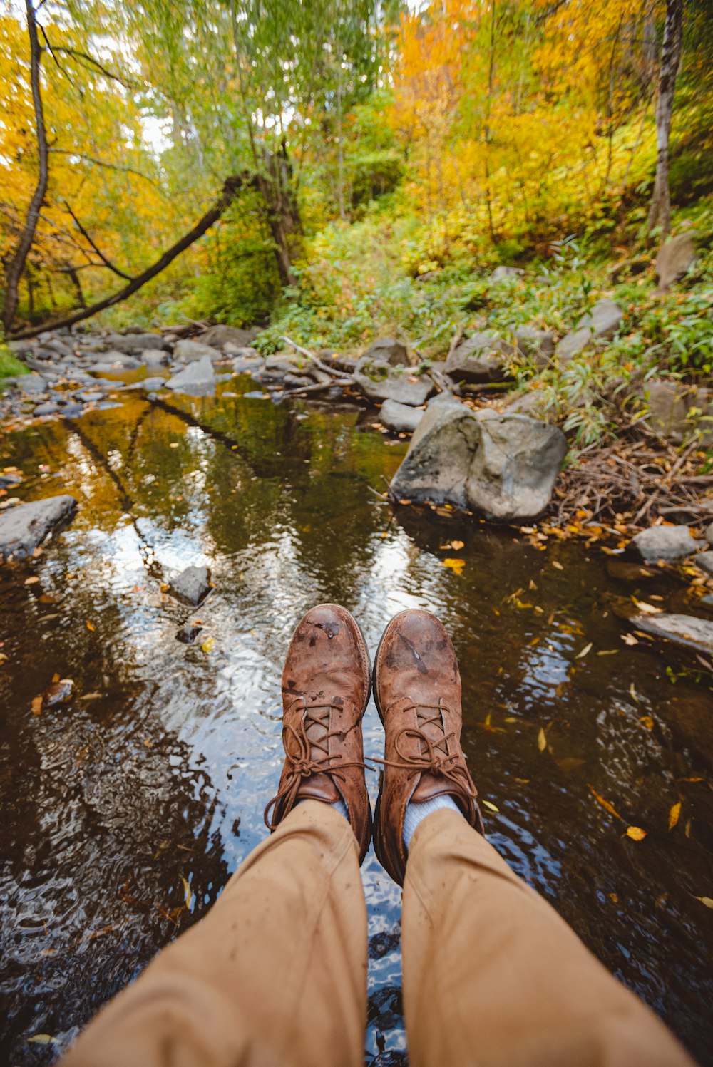 a person's feet on a rock in a stream