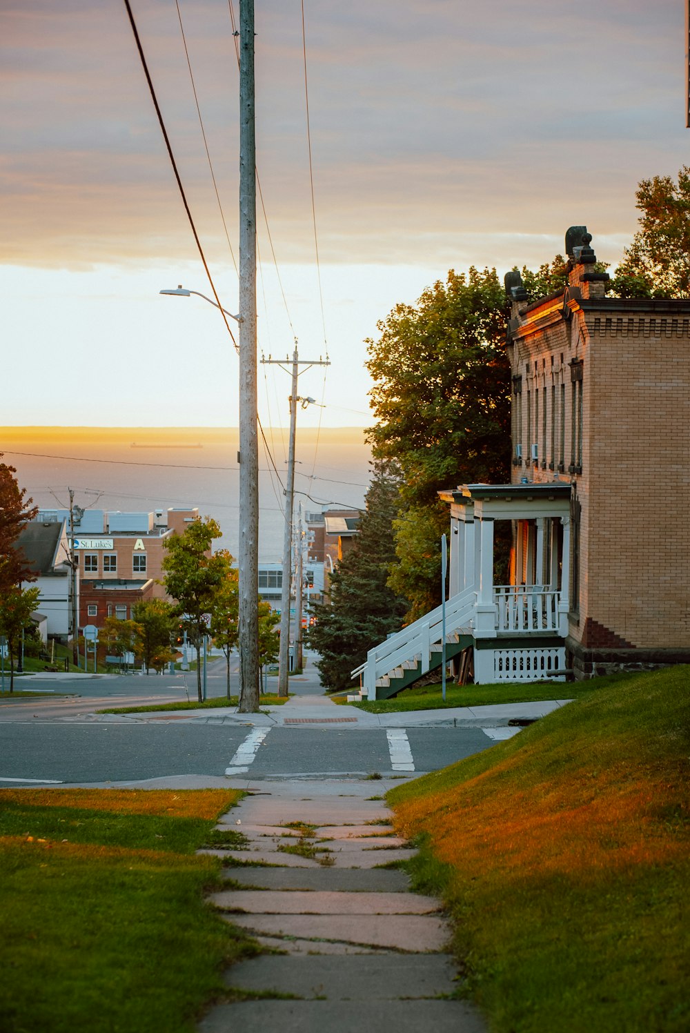 a street with a building and trees