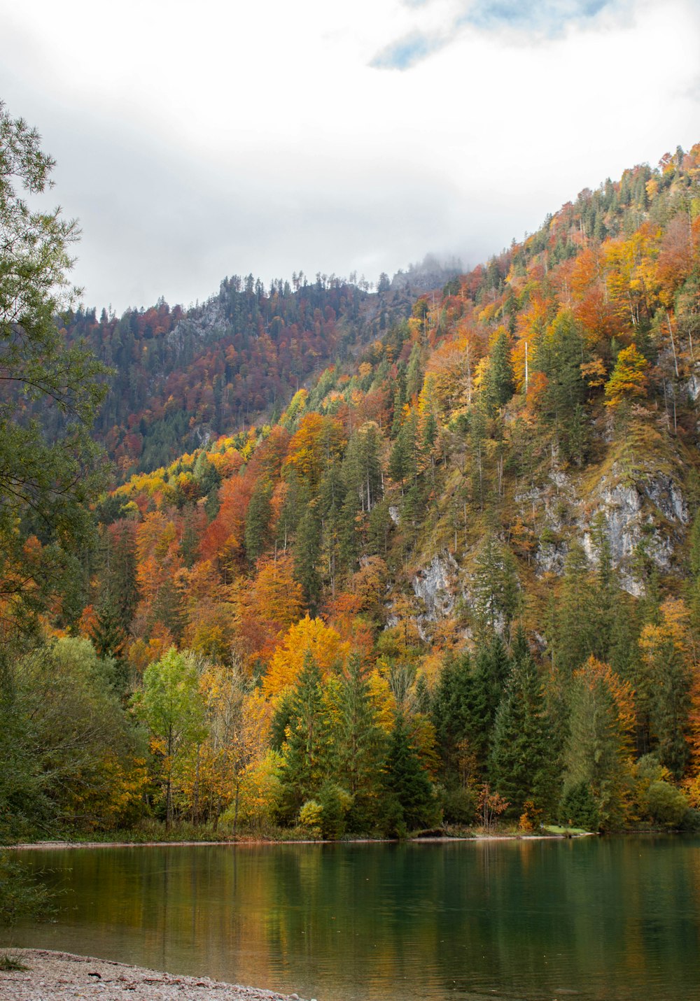 a lake with trees and mountains in the background