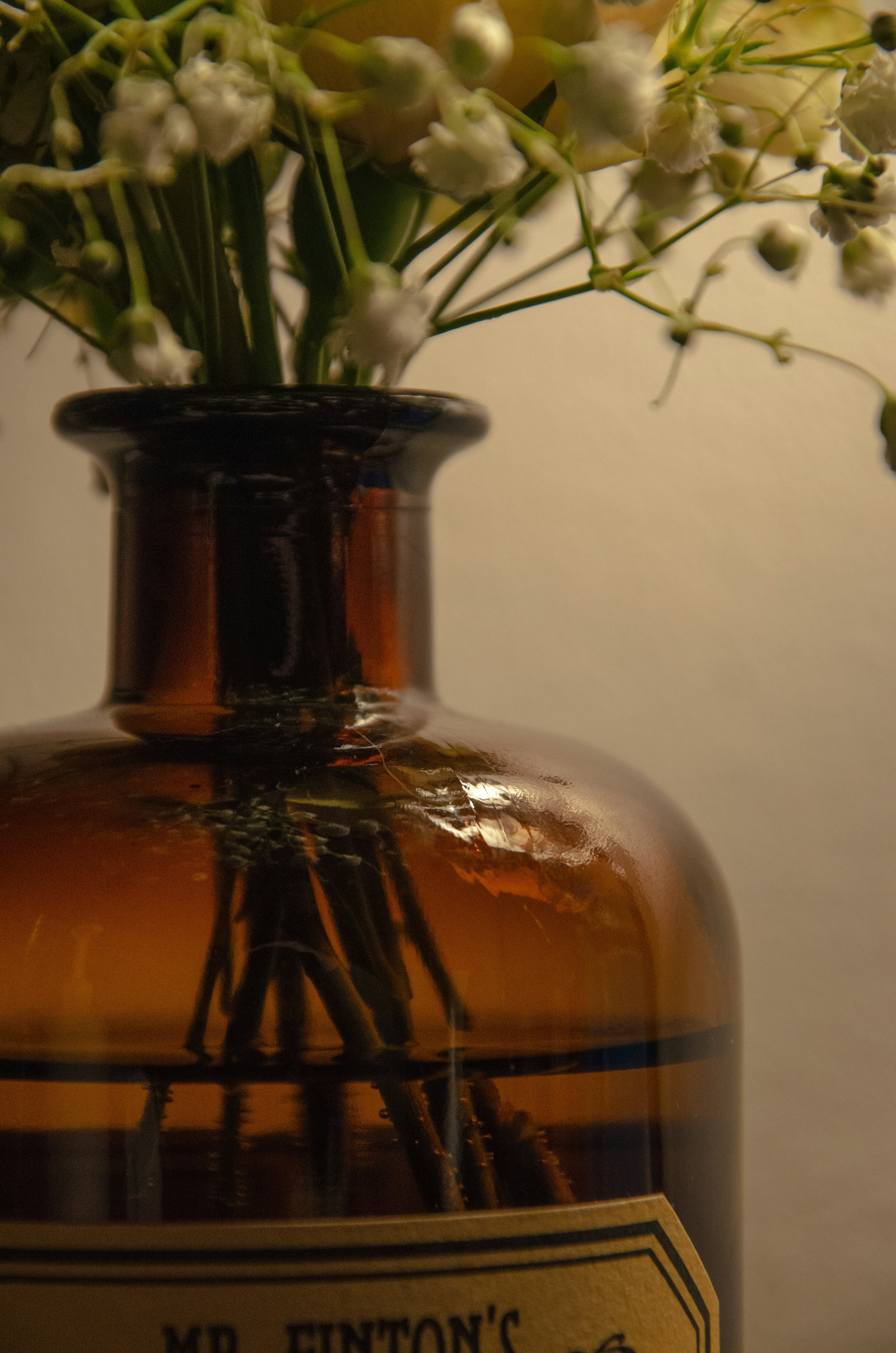 White jasmine flowers with amber glass bottle, soft natural light, clean minimal background