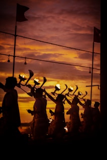 silhouette of people holding flags