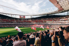 A vibrant stadium filled with cheering fans during a major football match.
