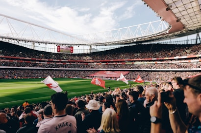 A large football stadium filled with spectators cheering and waving flags. The field is green and well-maintained, and the stands are packed with people. The atmosphere appears vibrant and energetic as people clap and celebrate.