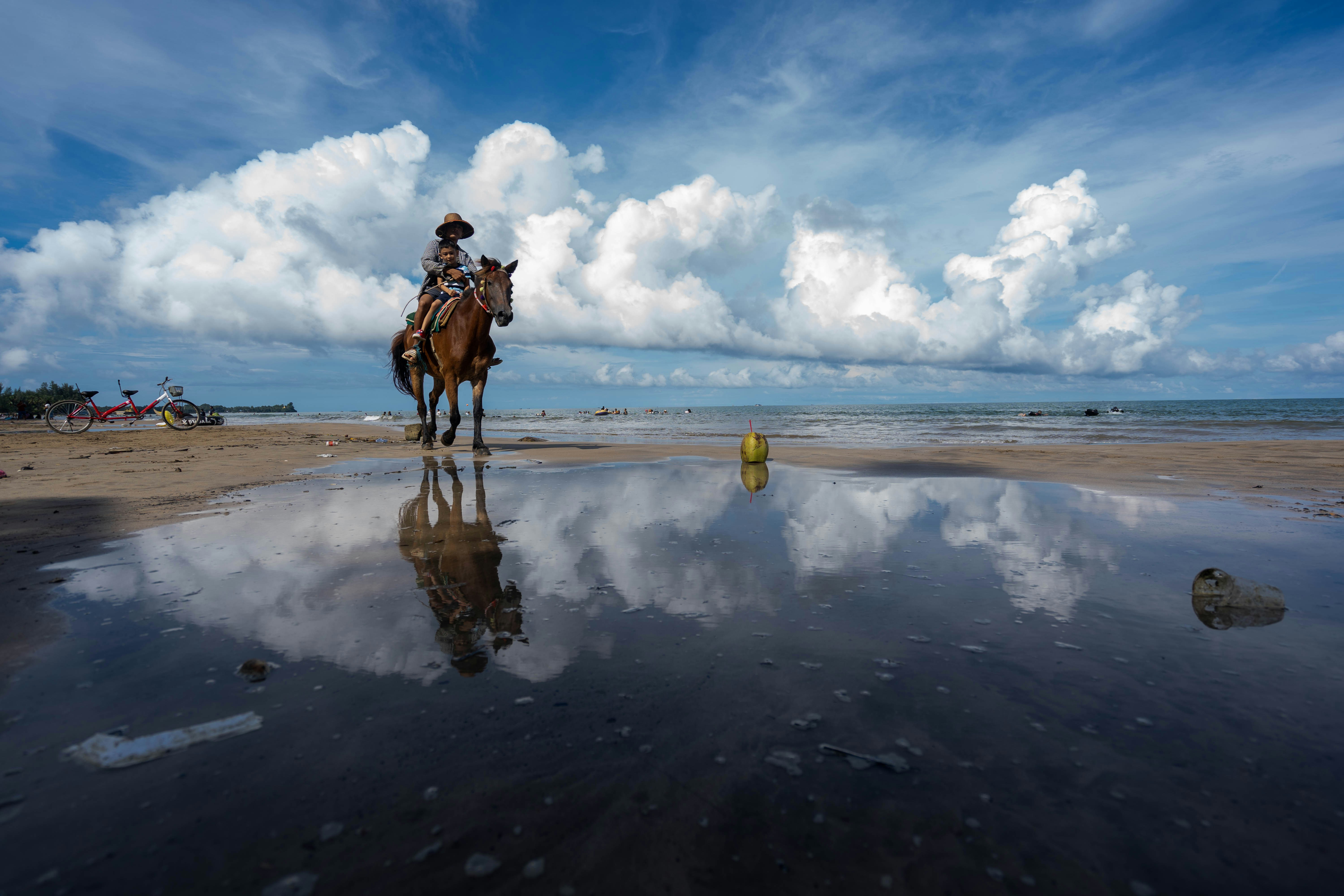 a person riding a horse on a beach