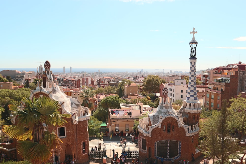 Park Güell with many buildings and trees