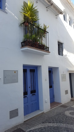 A white building facade with two blue doors and a small black wrought iron balcony. The balcony is adorned with green plants. The building features simple, clean architectural lines and a bright, inviting appearance.