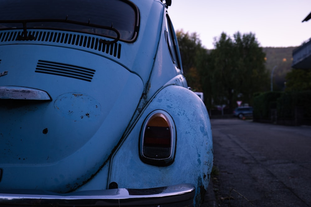 the front of a blue car