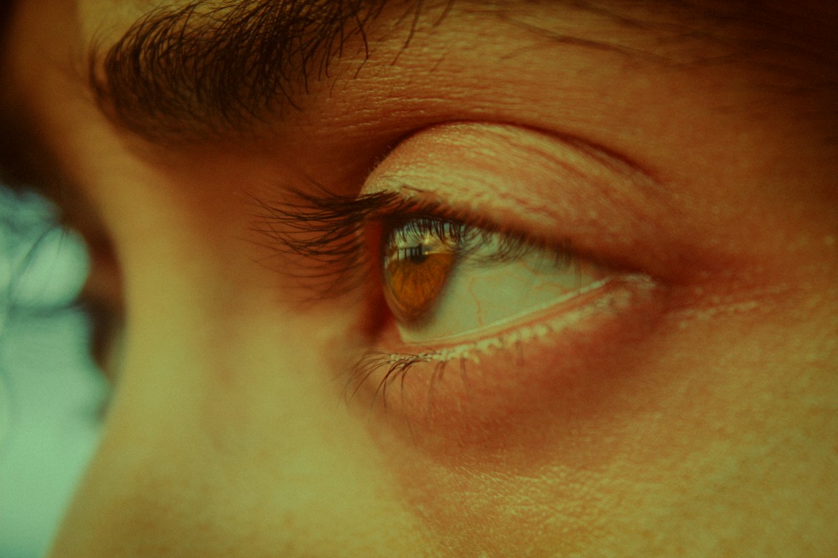 Close-up of a person's eye focused on a food drive volunteer sign-up sheet