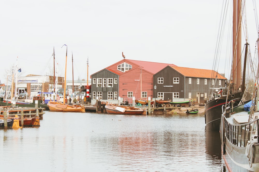 a group of boats sit in a harbor