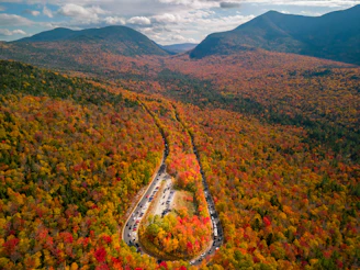 Aerial view of a New England town and autumn countryside in Central Massachusetts