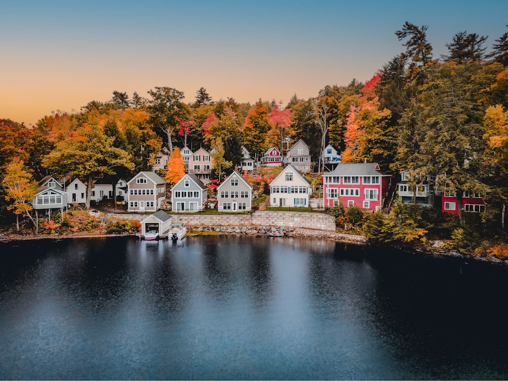 a group of houses next to a body of water