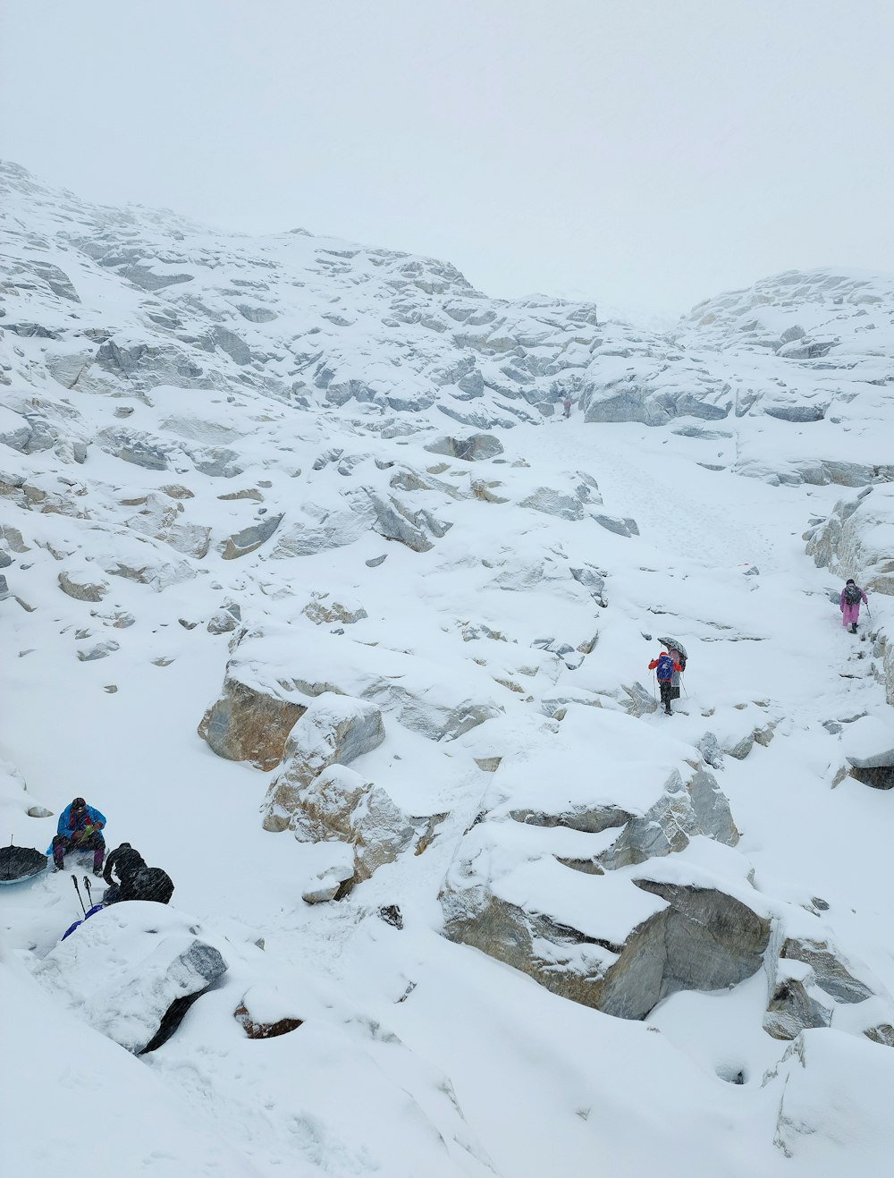 a group of people climbing a snowy mountain