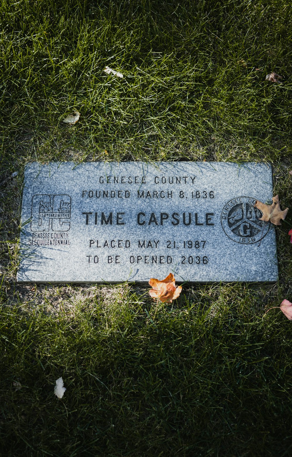 a tombstone in a grassy area