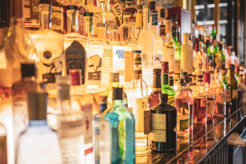 a shelf of alcohol