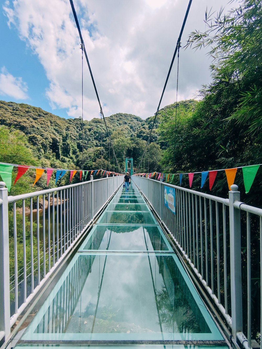 a bridge with flags on it