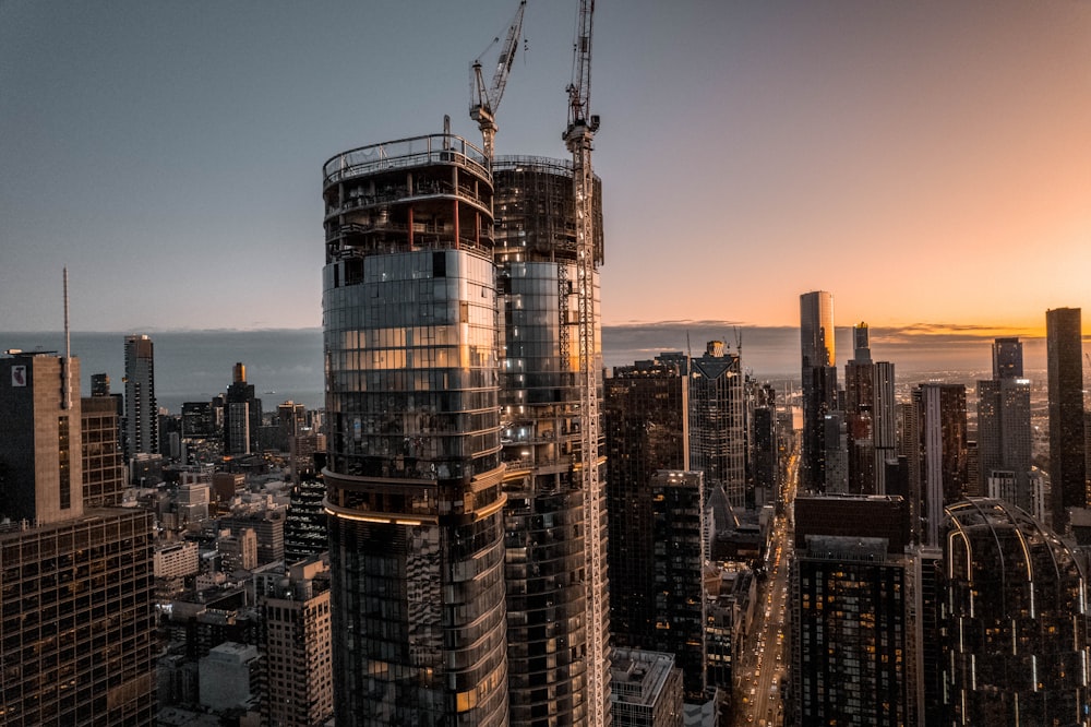 a city skyline with cranes