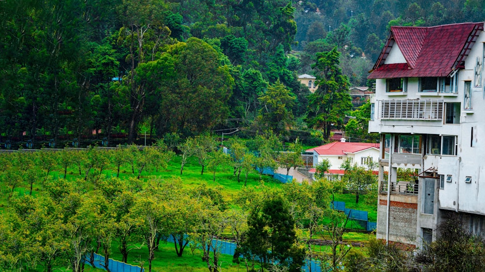 a building with trees in the back